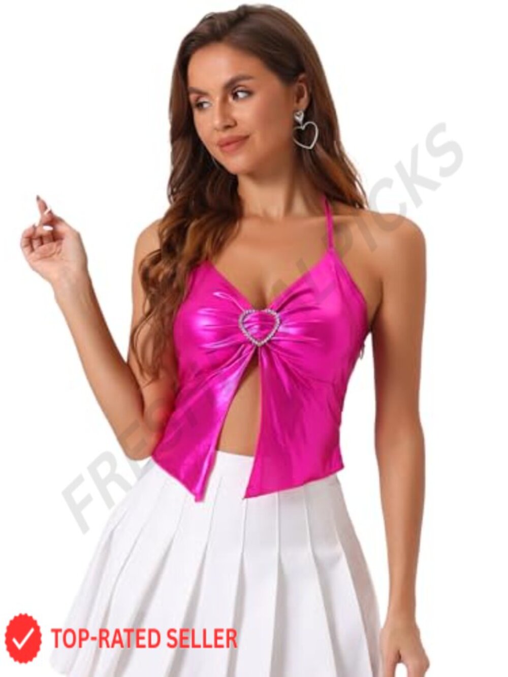 Metallic Halter Cami Rhinestone Buckle Asymmetrical Party Top